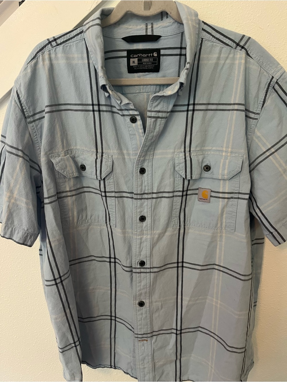Carhartt Light Blue and Black Plaid Short-Sleeve Button-Down Shirt